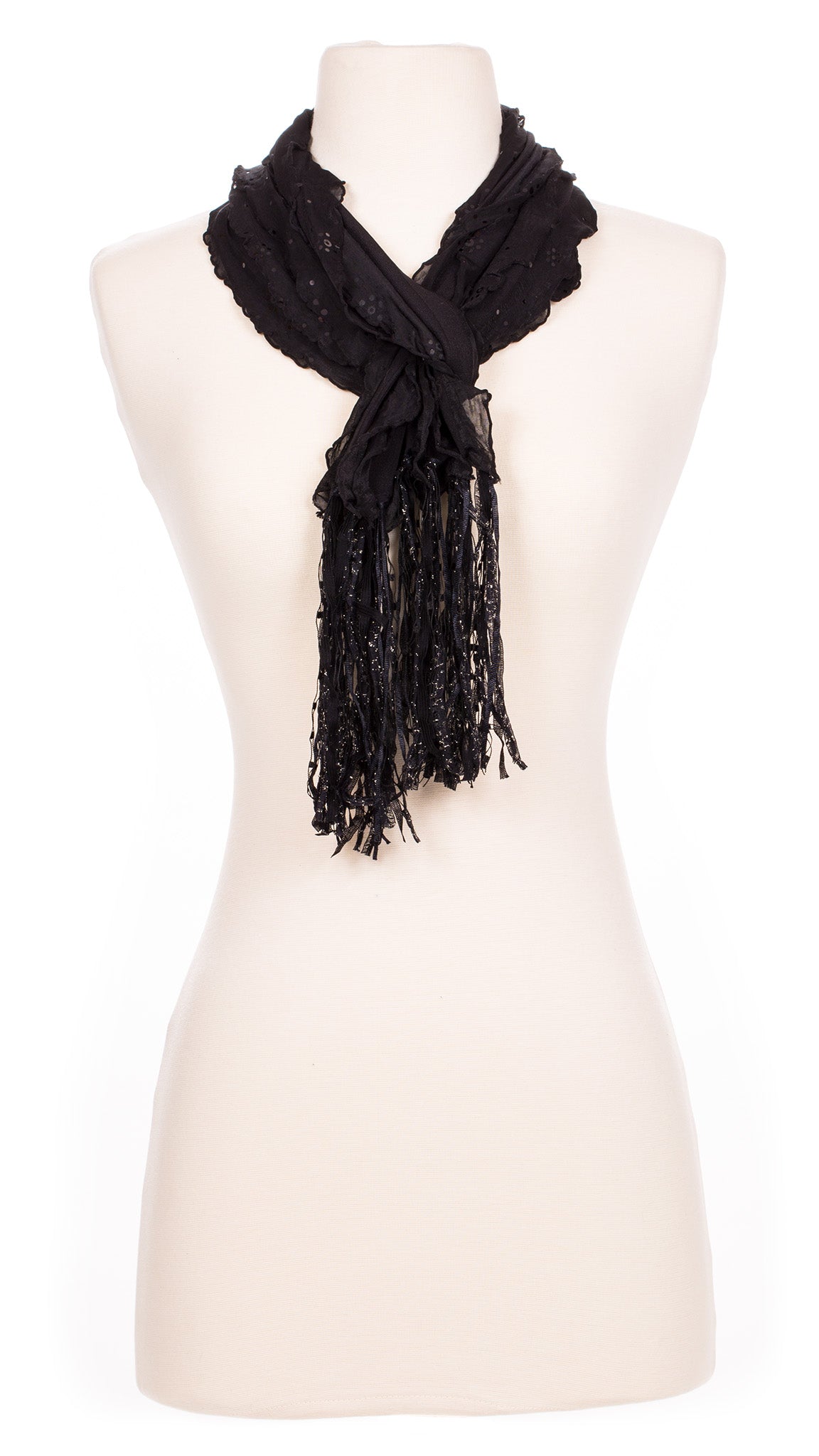 Solid Black Sequin Waves Fabric Scarf