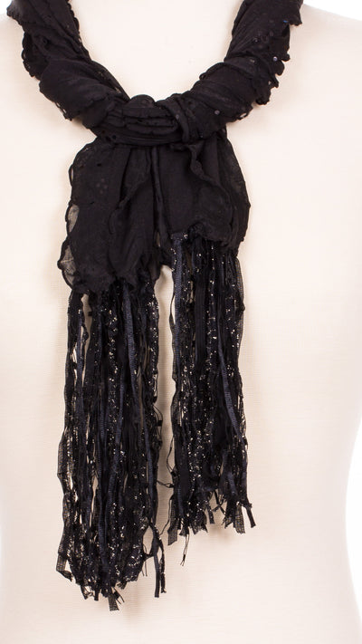 Solid Black Sequin Waves Fabric Scarf
